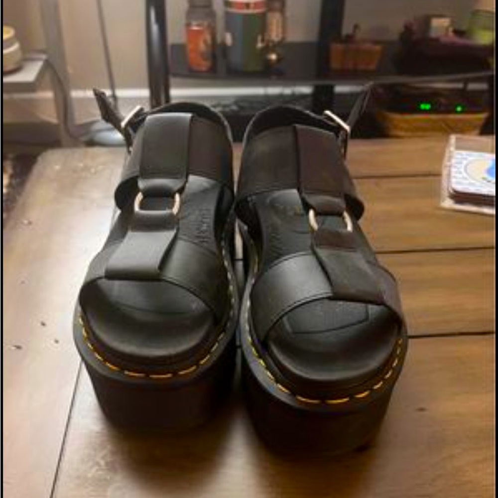 Dr. Martens Black Platform Sandals with Yellow Stitching